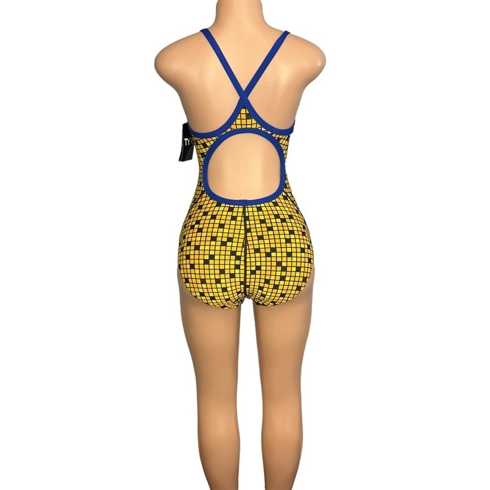 TYR Swimsuit One Piece Block Squares Yellow Black Open Back - Picture 6 of 13